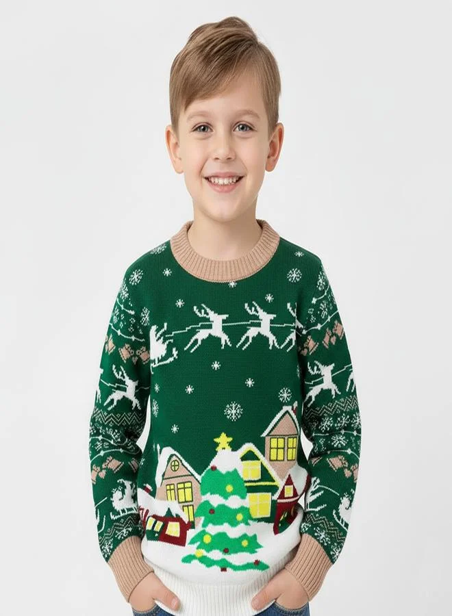 babyqlo Kids Green Christmas Village Scene Knit Sweater