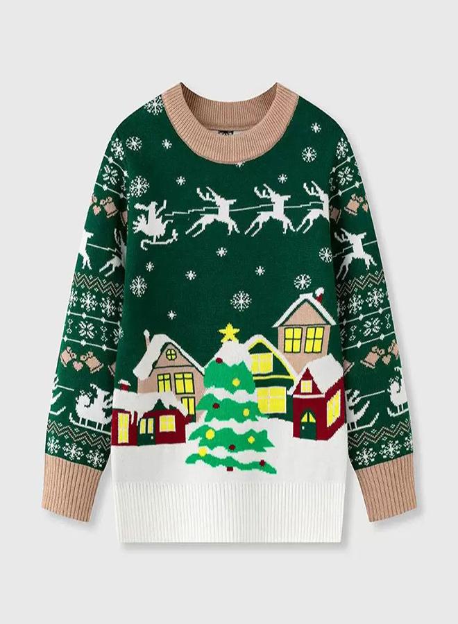 babyqlo Kids Green Christmas Village Scene Knit Sweater - Image 4
