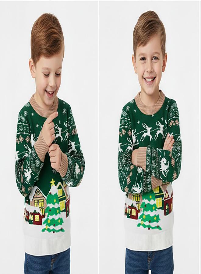 babyqlo Kids Green Christmas Village Scene Knit Sweater - Image 5
