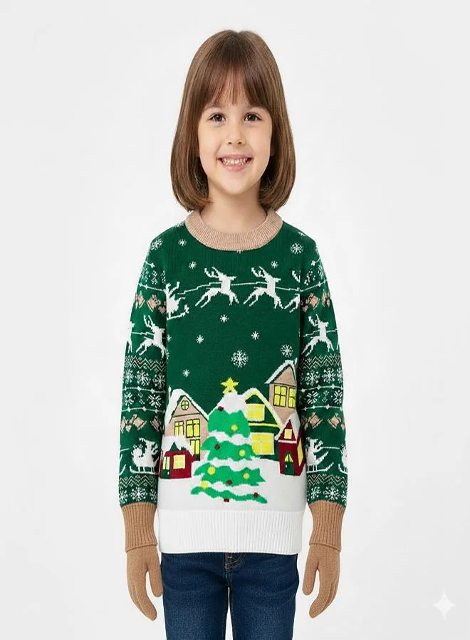 babyqlo Kids Green Christmas Village Scene Knit Sweater