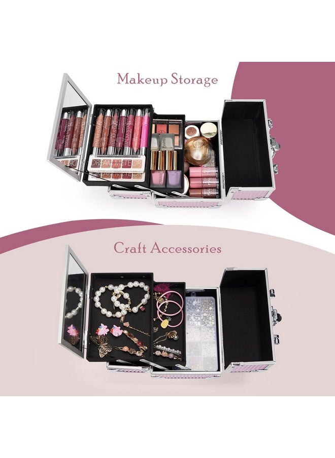 Joligrace - Makeup Train Case Portable Cosmetic Box Jewelry Organizer Lockable With Keys And Mirror 2-Tier Trays For Makeup Artists Craft Nail Kits Sewing Box Traveling Makeup Storage Case Pink - Image 1