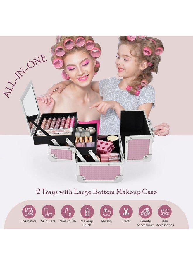 Joligrace - Makeup Train Case Portable Cosmetic Box Jewelry Organizer Lockable With Keys And Mirror 2-Tier Trays For Makeup Artists Craft Nail Kits Sewing Box Traveling Makeup Storage Case Pink - Image 1