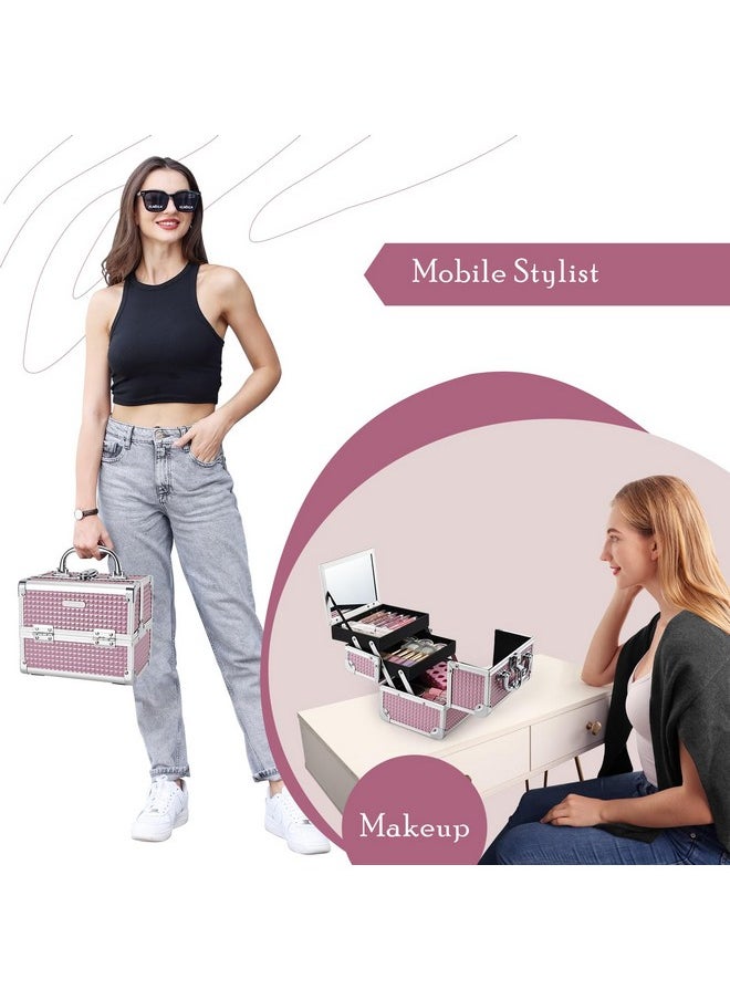 Joligrace - Makeup Train Case Portable Cosmetic Box Jewelry Organizer Lockable With Keys And Mirror 2-Tier Trays For Makeup Artists Craft Nail Kits Sewing Box Traveling Makeup Storage Case Pink - Image 1