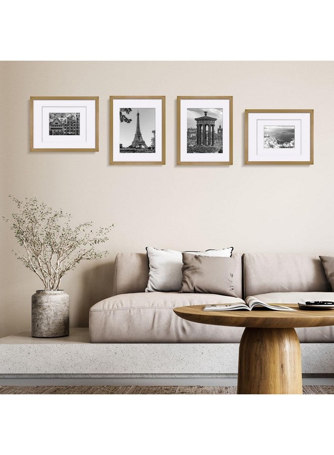 Egofine Egofine 11x14 Picture Frames 4 Pack Display Pictures 5x7/8x10 with Mat or 11x14 Without Mat Made of Solid Wood Covered by Plexiglass for Table Top Display and Wall Mounting Photo Frame, Light Brown  - Image 2