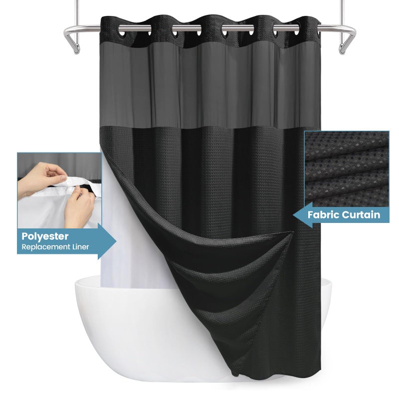 EUTXL Black Shower Curtain with Liner - 230GSM Waffle Textured Heavy Duty Shower Curtains for Bathroom,71W x 74H - Image 4