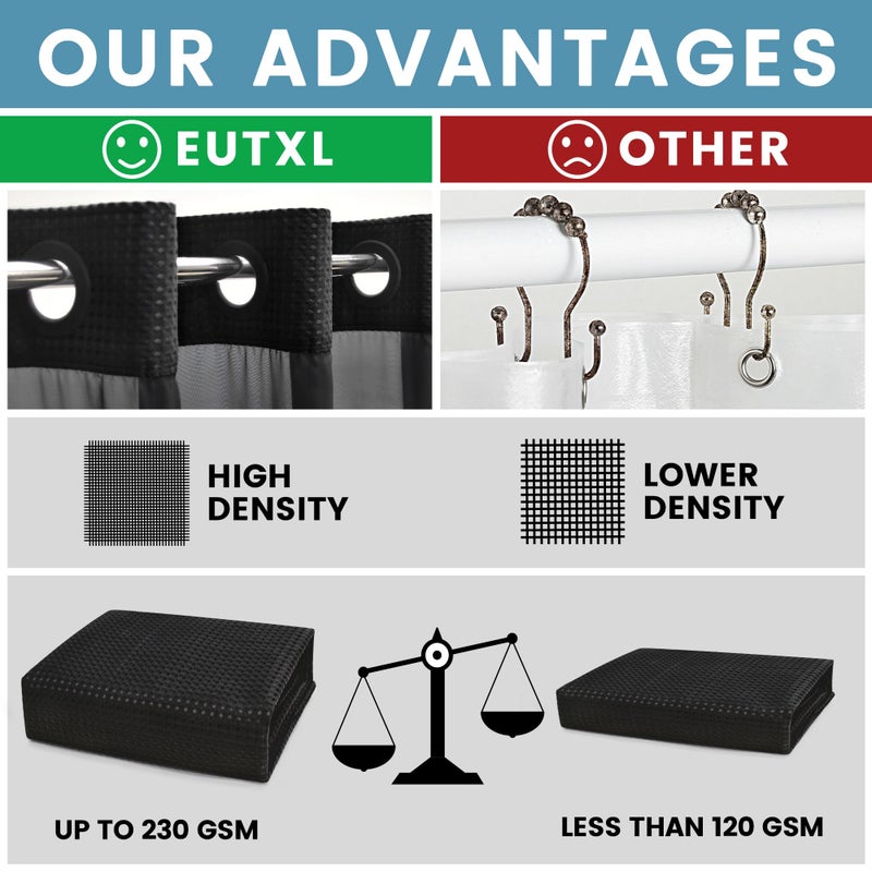 EUTXL Black Shower Curtain with Liner - 230GSM Waffle Textured Heavy Duty Shower Curtains for Bathroom,71W x 74H - Image 2