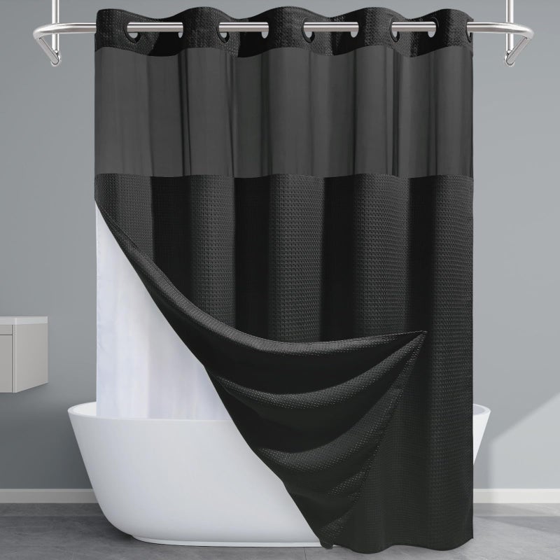 EUTXL Black Shower Curtain with Liner - 230GSM Waffle Textured Heavy Duty Shower Curtains for Bathroom,71W x 74H - Image 1