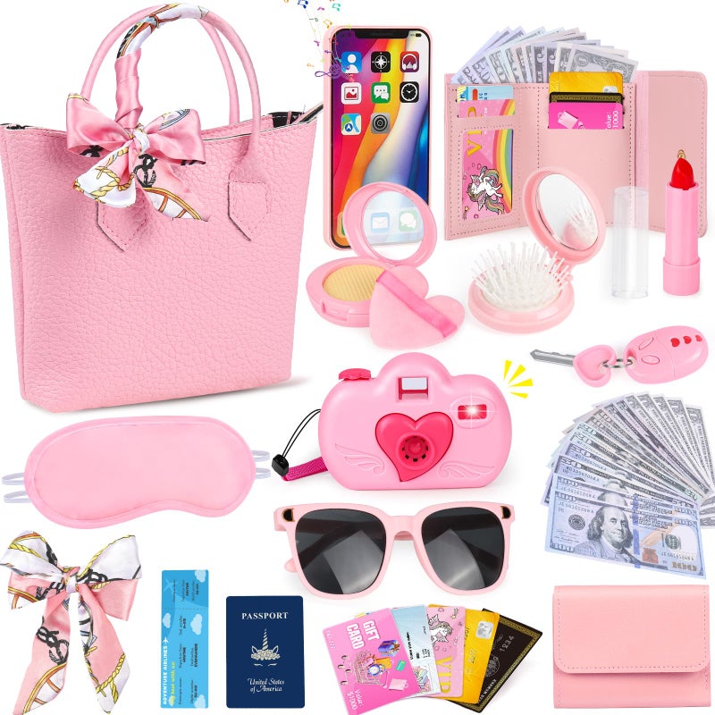 HUUIDY Play Purse for Little Girls Toddler Travel Purse with Accessories Pretend Play Toys Including Handbag Camera Phone Wallet Fake Makeup Birthday Christmas Gifts for Girls Ages 3 - Image 3