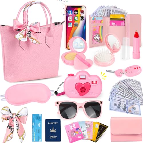 HUUIDY Play Purse for Little Girls Toddler Travel Purse with Accessories Pretend Play Toys Including Handbag Camera Phone Wallet Fake Makeup Birthday Christmas Gifts for Girls Ages 3 - Image 1