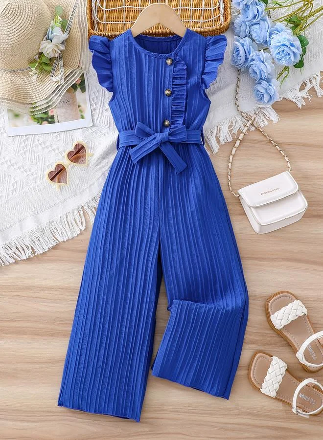 تايك تو Take Two Girls Blue Button Detail Belted Wide Leg Jumpsuit