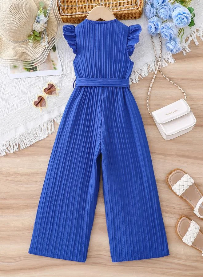 تايك تو Take Two Girls Blue Button Detail Belted Wide Leg Jumpsuit