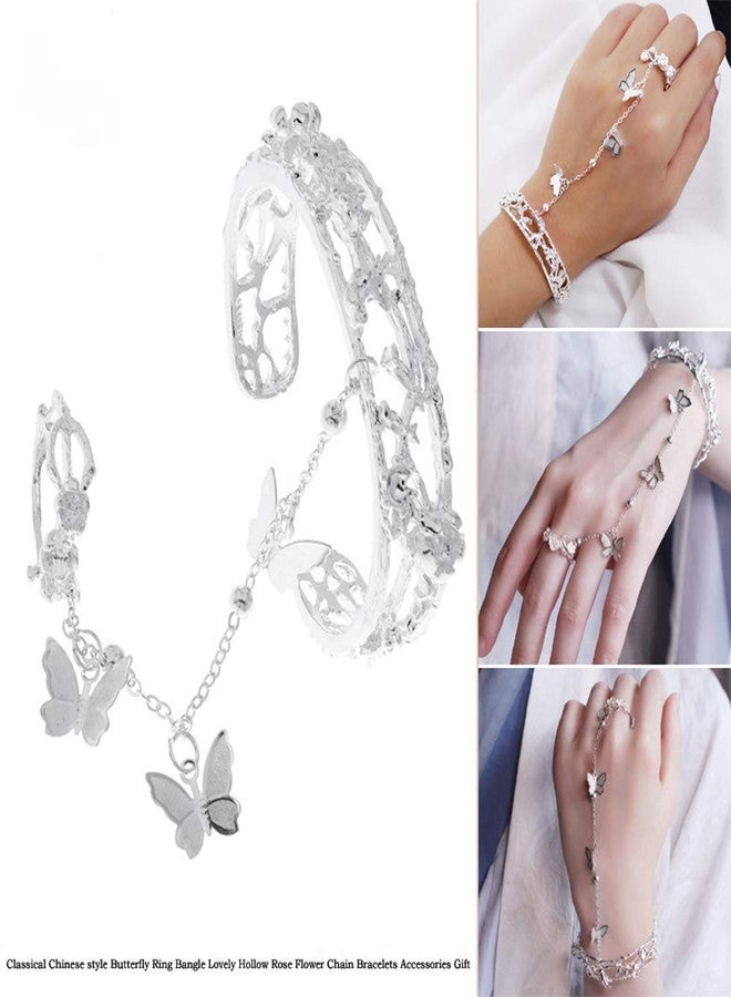 YERTTER Classic Chinese Style Butterfly Ring Bangle Hand Chain Bracelet Hollow Rose Open Bangle Bracelet Hand Jewelry for women - Image 3