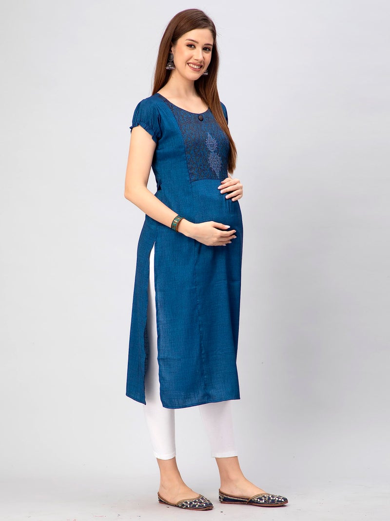 CEE 18 Cotton Rayon Straight Maternity Feeding Kurti for Women with Zippers | Maternity Dress in Breathable Fabric for Pre and Post Pregnancy & Nursing for Mom (Large, Blue) - Image 3