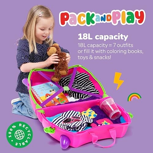 trunki حقيبة سفر للأطفال على شكل دراجة ترانكي | حقيبة أطفال قابلة للسحب | حقيبة لطيفة بحجيرات | حقائب أطفال وضروريات السفر بالطائرة: تريكسى الفتاة الوردية - Image 4