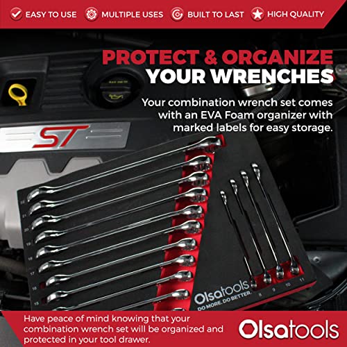 Olsa Tools 15 Pcs Metric Combination Wrench Set, Sizes 8-22mm, Unbreakable, Chrome Vanadium Steel, Polycarbonate - Image 2