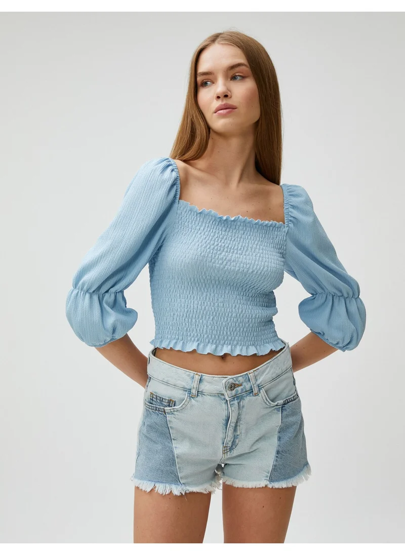 KOTON Crop T-Shirt Gimped Balloon Sleeve Square Neck