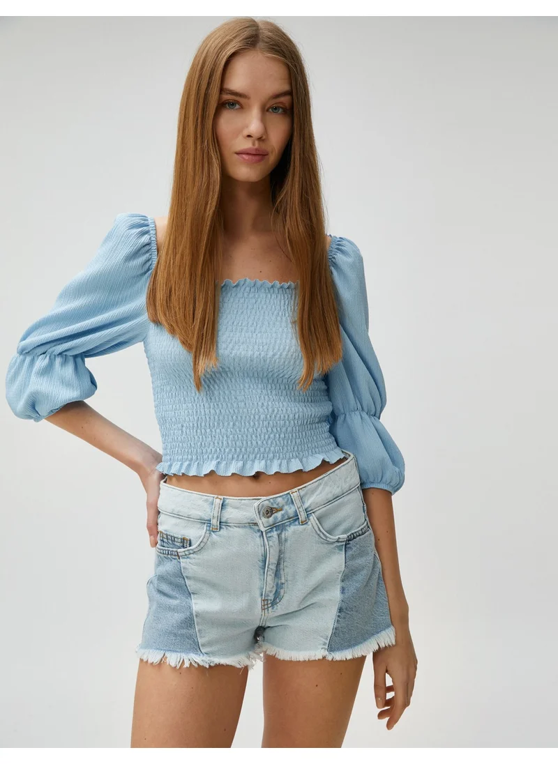 كوتون Crop T-Shirt Gimped Balloon Sleeve Square Neck