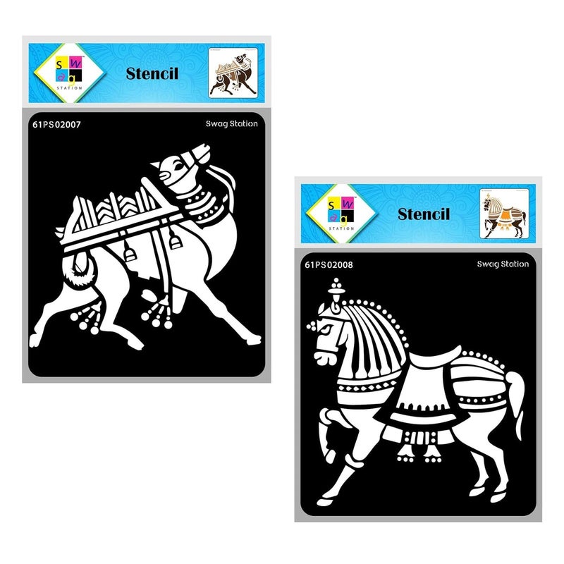 SWAGSTATION Indian Camel Stencil Indian Horse Stencil 6x6x Inch 2 Stencil Tribal Stencil Animal Stencils for Craft and Art Animal Stencils for Painting on Canvas Indian Folk Art Stencils - Image 1
