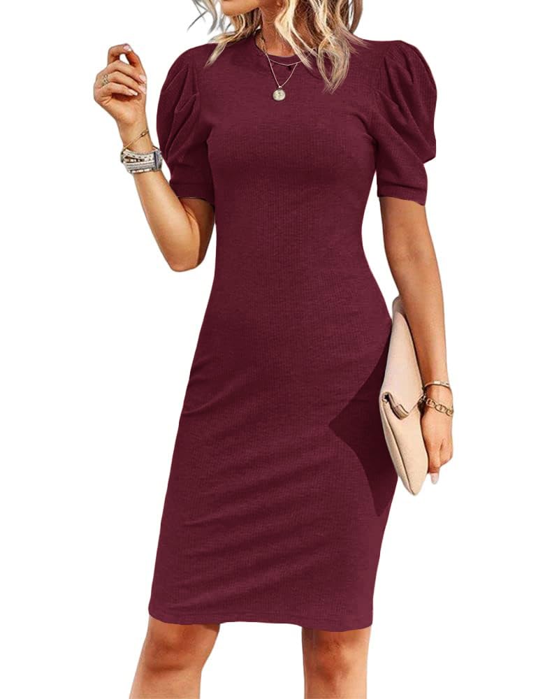 Cicy Bell Women's Puff Sleeve Bodycon Work Dresses Crew Neck Business Casual Office Pencil Dress Burgundy - Image 1