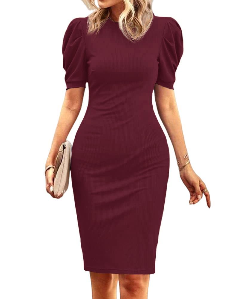 Cicy Bell Women's Puff Sleeve Bodycon Work Dresses Crew Neck Business Casual Office Pencil Dress Burgundy - Image 2