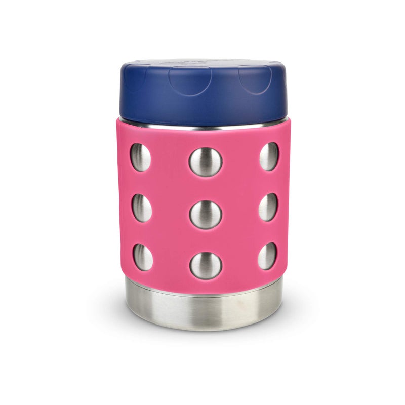 LunchBots Thermal 12 oz Triple Insulated Thermos  Hot 6 Hours or Cold 12 Hours  Leak Proof Thermos Soup Jar  All Stainless Interior  Navy Lid  Pink Dots