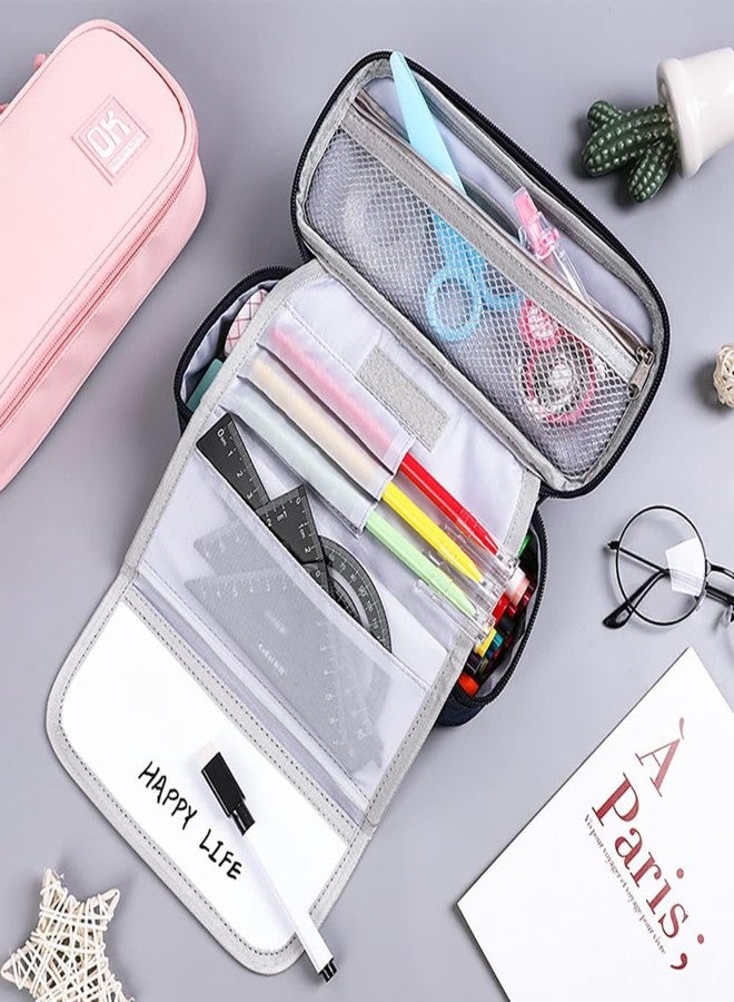 TriLok Fabric Happy Life Pencil Case for Kids | Multi-Compartment Stationery Organizer with Handle | Pen Pouch for Girls | Black Navy Blue Pink | School Supply Box (Black) - Image 4