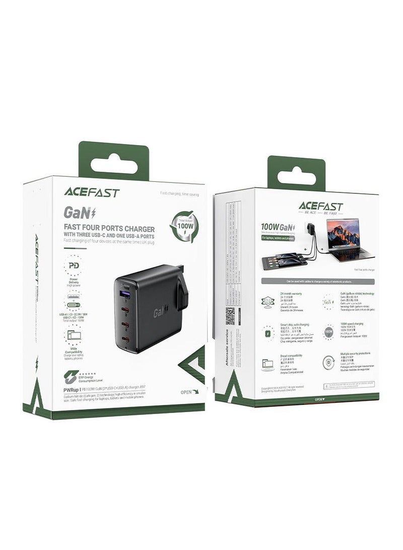 ACEFAST Fast Charge Wall Charger A97 PD100W GaN 3xUSB-C + 1xUSB-A UK Black - Image 3