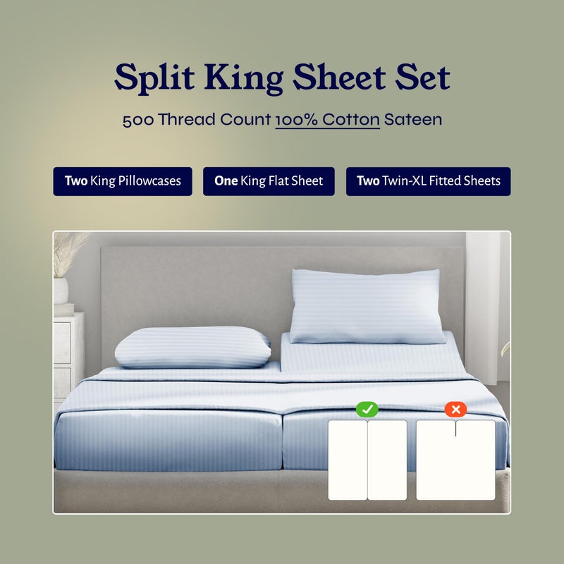 California Design Den Luxury Split King Sheets Set For Adjustable Bed, 100% Cotton 500 Thread Count Sateen, Snug Fit, Set With Twin-XL Fitted Sheets, Hotel Quality Damask Stripe Bedsheets (Split King, Stripe - Light Blue) - Image 2