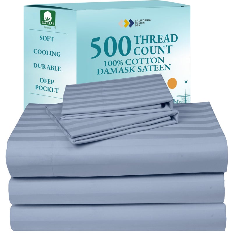 California Design Den Luxury Split King Sheets Set For Adjustable Bed, 100% Cotton 500 Thread Count Sateen, Snug Fit, Set With Twin-XL Fitted Sheets, Hotel Quality Damask Stripe Bedsheets (Split King, Stripe - Light Blue) - Image 1