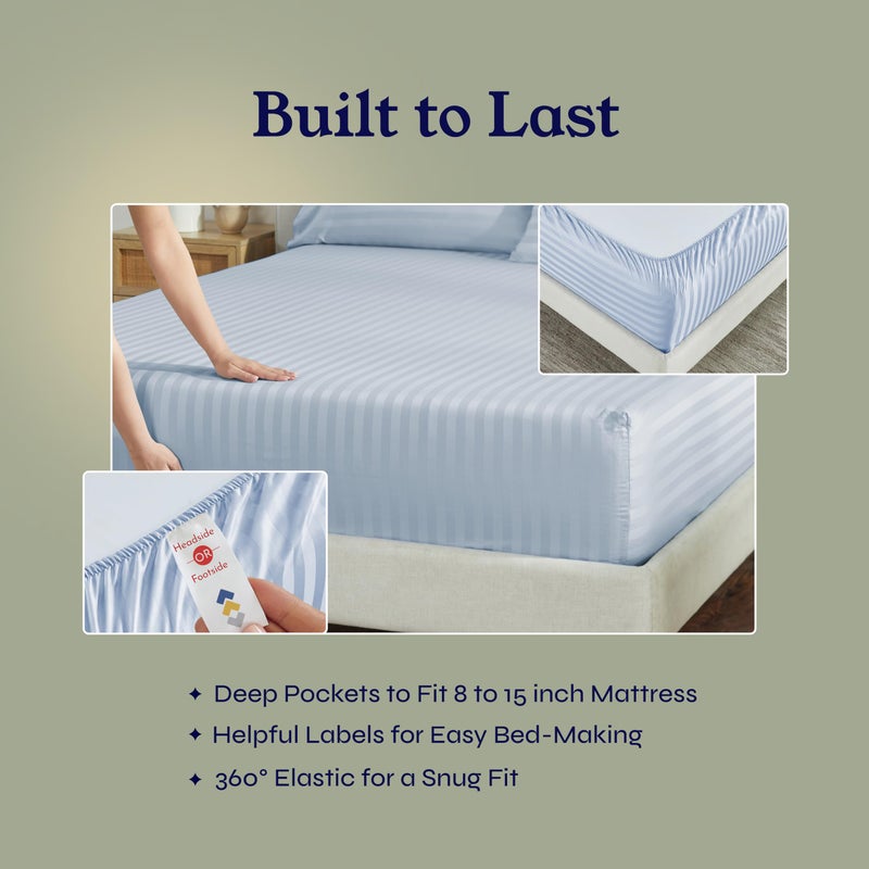 California Design Den Luxury Split King Sheets Set For Adjustable Bed, 100% Cotton 500 Thread Count Sateen, Snug Fit, Set With Twin-XL Fitted Sheets, Hotel Quality Damask Stripe Bedsheets (Split King, Stripe - Light Blue) - Image 4