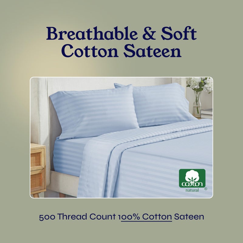 California Design Den Luxury Split King Sheets Set For Adjustable Bed, 100% Cotton 500 Thread Count Sateen, Snug Fit, Set With Twin-XL Fitted Sheets, Hotel Quality Damask Stripe Bedsheets (Split King, Stripe - Light Blue) - Image 5