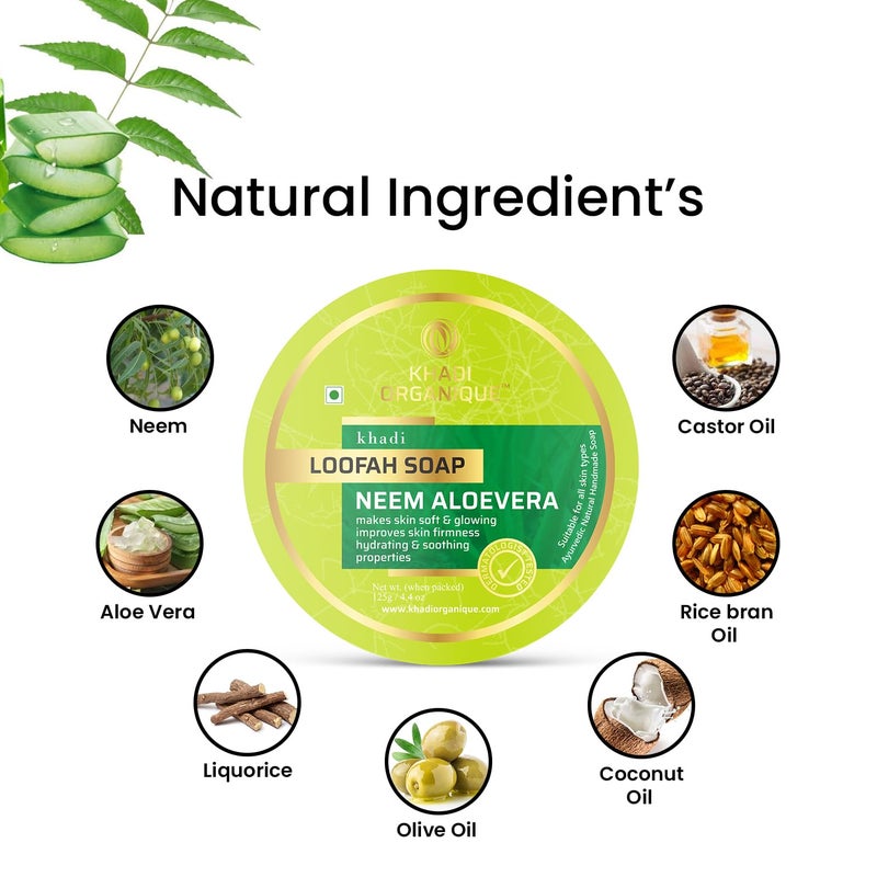 Khadi ORGANIQUE Khadi Organique Natural Herbal Neem Aloevera Loofah Soap Pack of 8 - Image 4