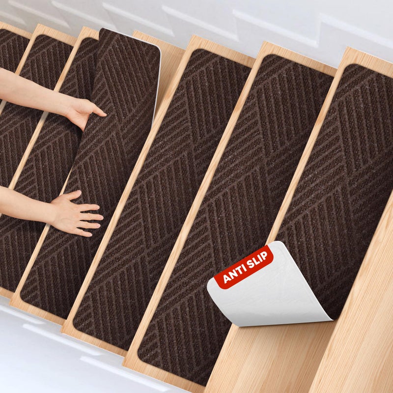 MBIGM 8 X 30inches 15 in Pack NonSlip Carpet Stair Treads NonSkid Safety Rug Slip Resistant Indoor Runner for Kids Elders and Pets with Reusable Adhesive Brown Weave