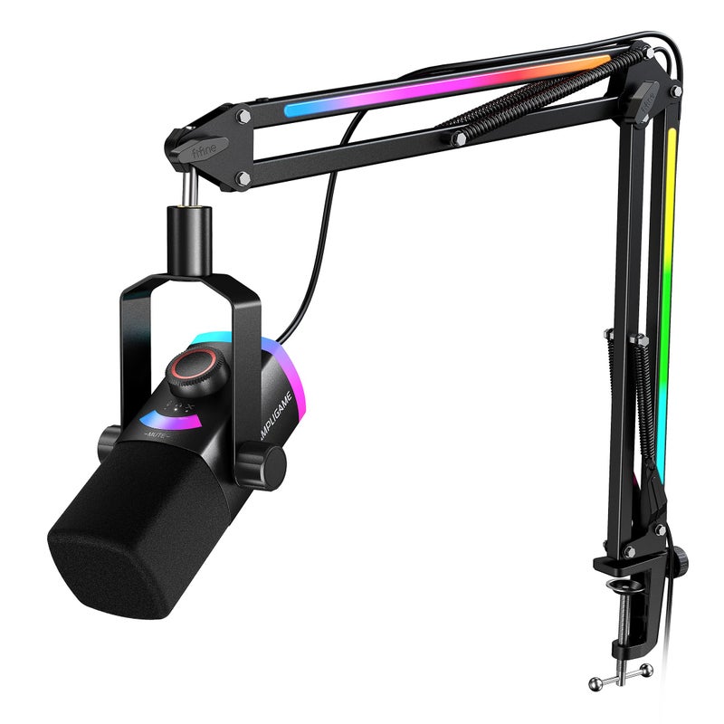 FIFINE Gaming Microphone Kit, XLR/USB Dynamic PC Microphone with Boom Arm for Podcast Recording, RGB Streaming Mic Set, Tap-to-Mute, Mix Control, Headphone Jack-AmpliGame AM8PROT - Image 1