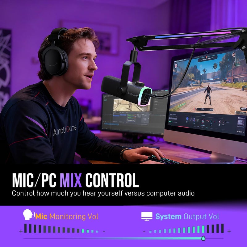 FIFINE Gaming Microphone Kit, XLR/USB Dynamic PC Microphone with Boom Arm for Podcast Recording, RGB Streaming Mic Set, Tap-to-Mute, Mix Control, Headphone Jack-AmpliGame AM8PROT - Image 5