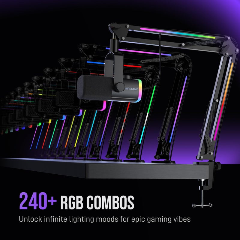 FIFINE Gaming Microphone Kit, XLR/USB Dynamic PC Microphone with Boom Arm for Podcast Recording, RGB Streaming Mic Set, Tap-to-Mute, Mix Control, Headphone Jack-AmpliGame AM8PROT - Image 4