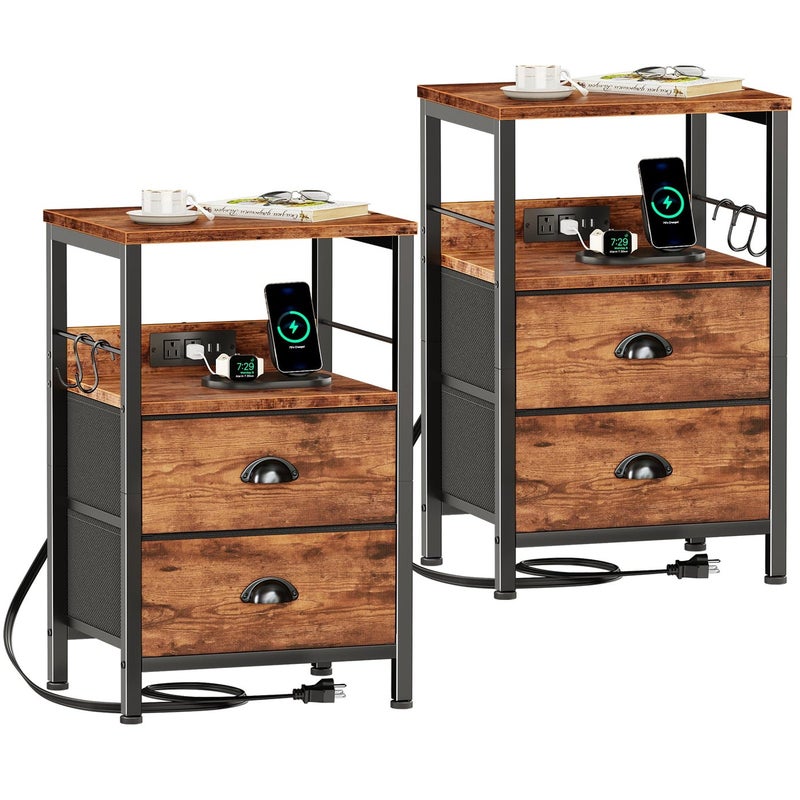 Furologee Nightstand Set of 2 Rustic Brown with Charging Station and USB Ports Side Tables with 2 Fabric Drawers Bedside Tables with Storage Shelf Hooks for Living RoomBedroom