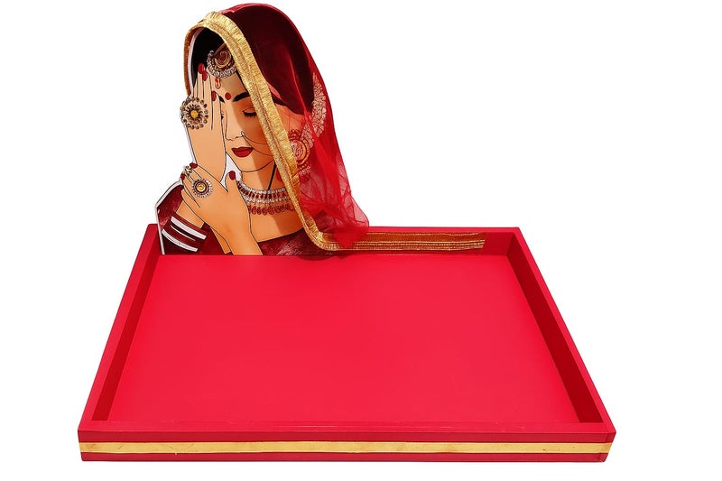 SIRI DECORE SiRIDecore Multipurpose Wedding Gift Packing Tray with Bride Cutout – Handcrafted Rectangle Platter Thali, 12x18 inch-Wedding Packing (Red) - Image 1