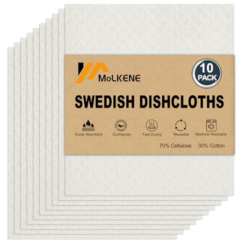 MoLKENE Swedish Dishcloths for Kitchen | 10 Pack Absorbent Cellulose Sponge Cloths Washable | Non-Scratch Reusable Paper Towels Quick Drying Cleaning Rag - White - Image 1