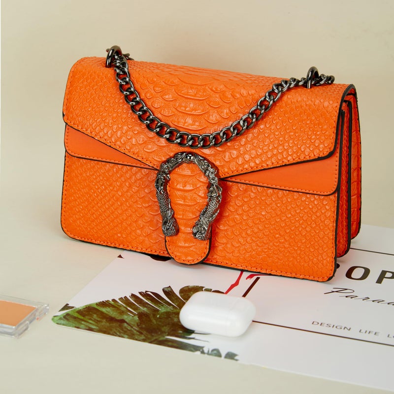 DEEPMEOW Leather Shoulder Bag Chain Purse for Women - Fashion Crossbody Bags Vintage Snake Print Underarm Bag Square Satchel Clutch Handbagï¼ˆOrangeï¼‰ - Image 2