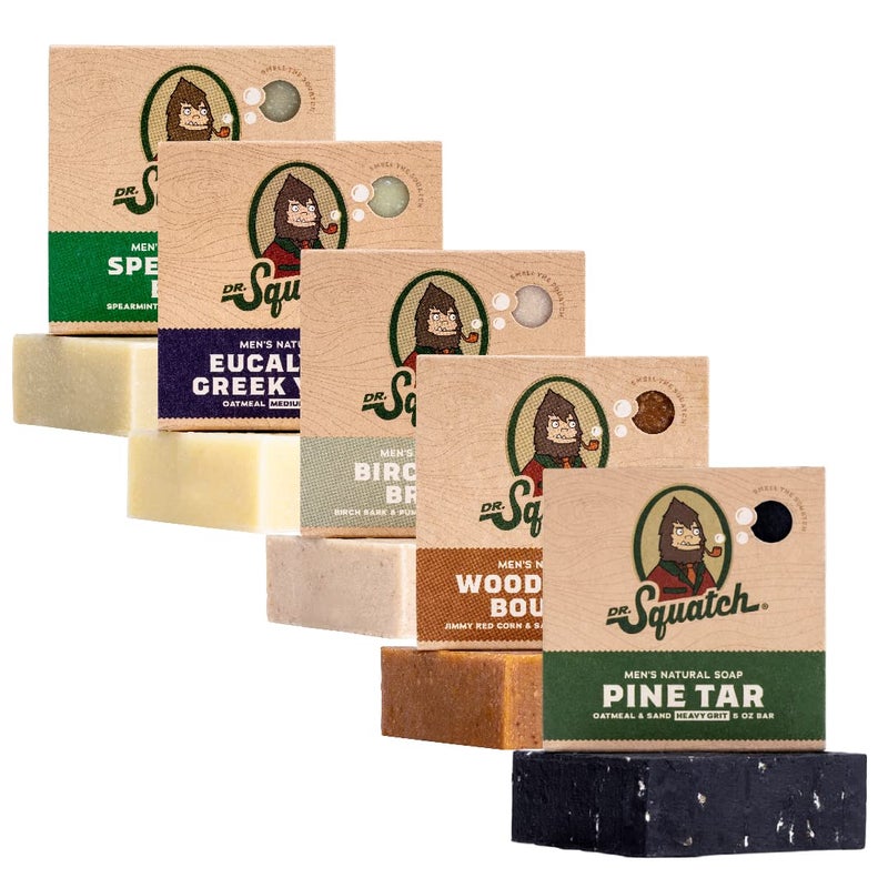 Dr. Squatch صابون بار طبيعي بالكامل للرجال من دكتور سكاتش - مجموعة متنوعة من 5 قطع - صنوبر تار، برميل خشبي، بوربون، نسيم خشب البتولا، نعناع، ريحان، ويوغورت يوناني باليوكالبتوس