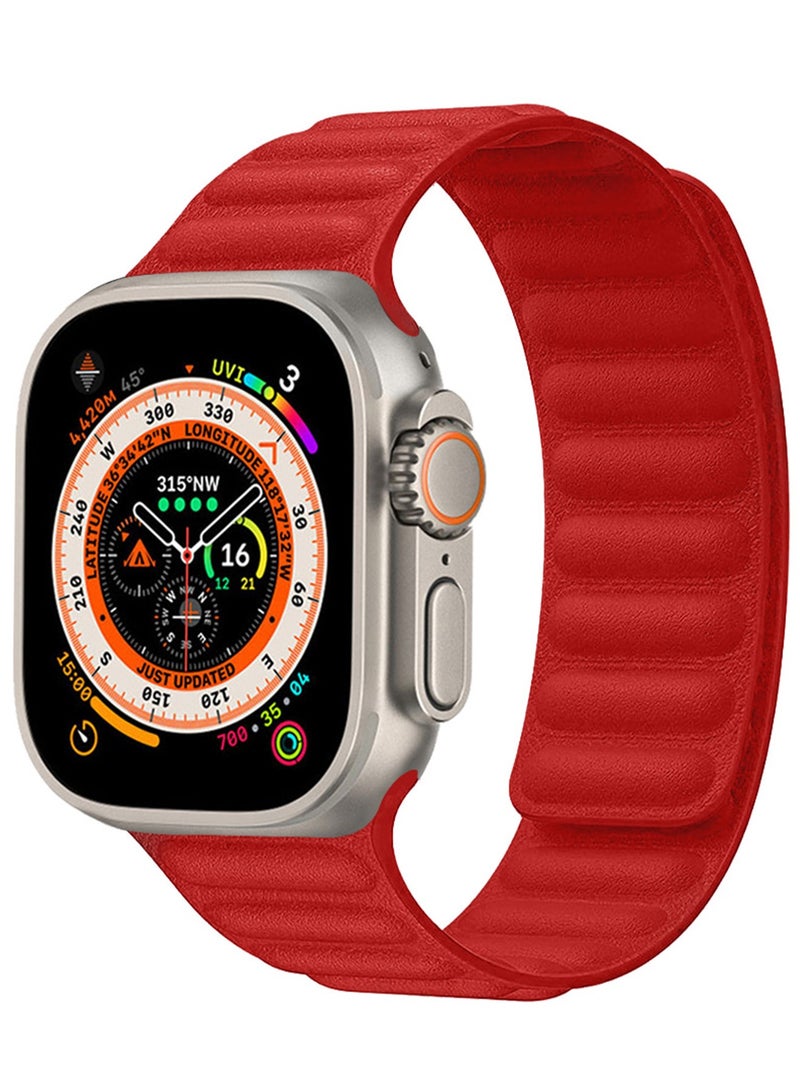 CATANES Replacement Band for Apple Watch Band 49mm 46mm 45mm 44mm -Leather Link Strap Magnetic Loop Adjustable Bracelet - Red - Image 2
