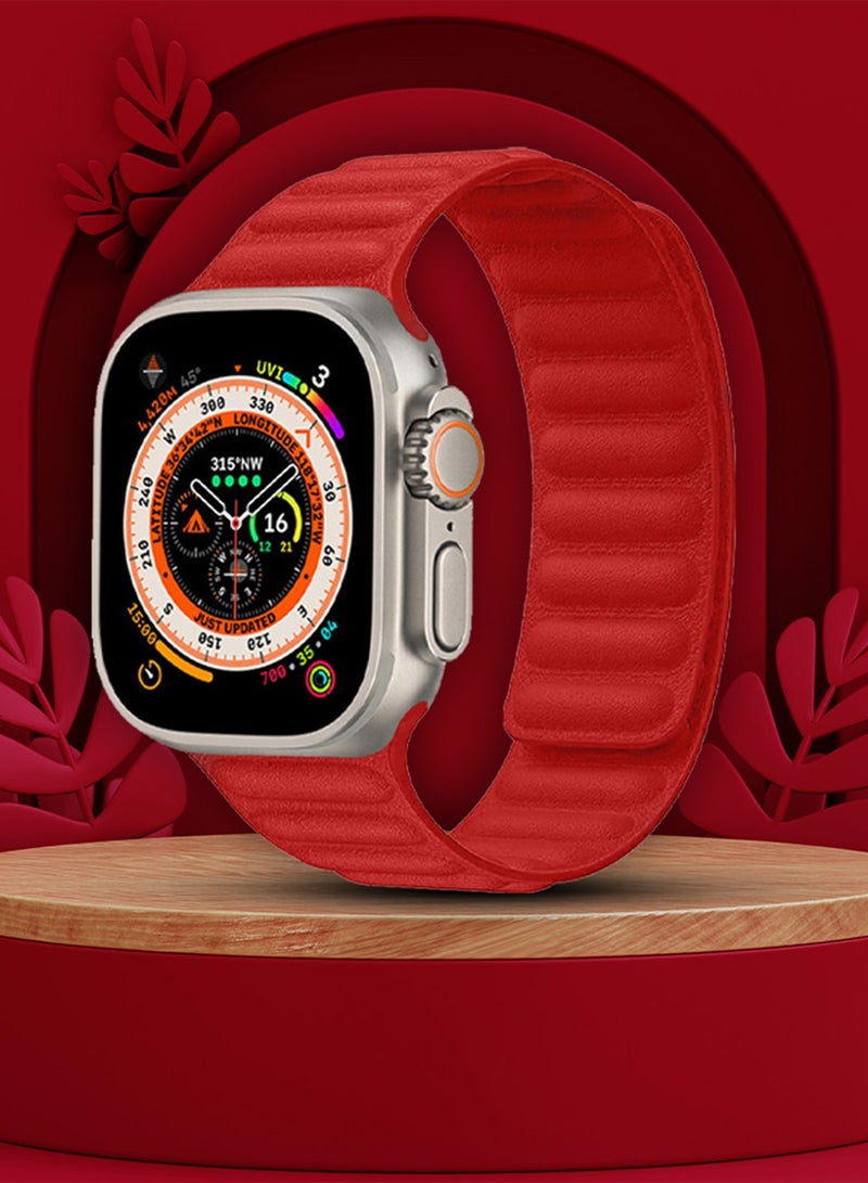 CATANES Replacement Band for Apple Watch Band 49mm 46mm 45mm 44mm -Leather Link Strap Magnetic Loop Adjustable Bracelet - Red - Image 4