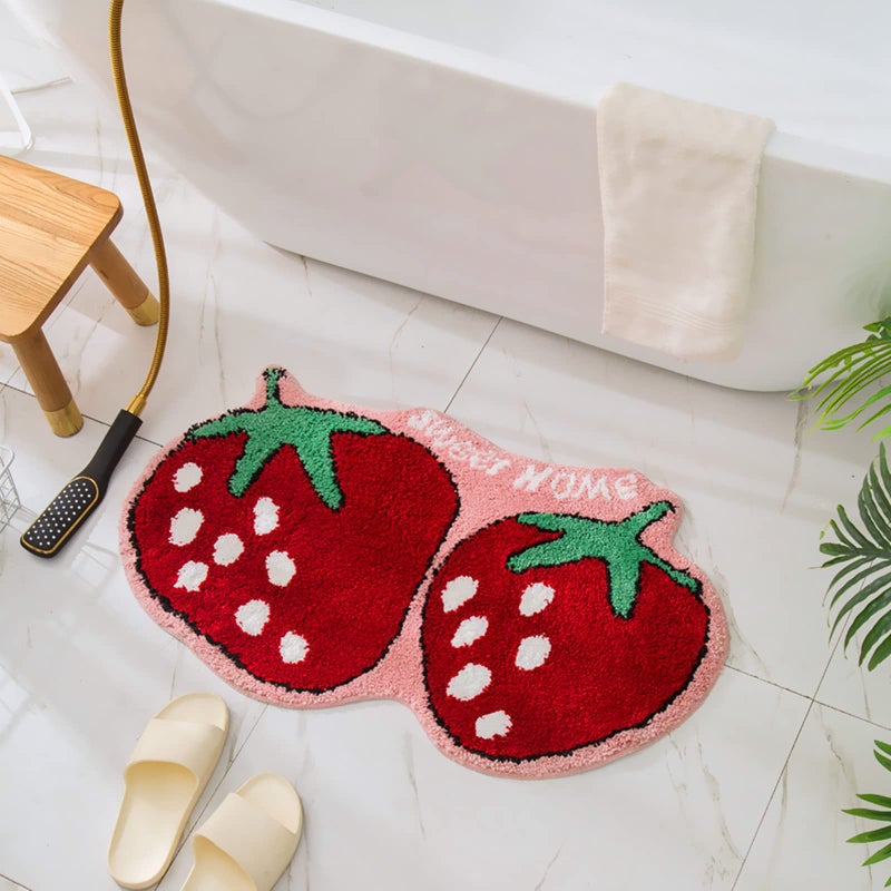 UKELER Cute Strawberry Shape Bathroom Rug for Kids Non Slip Absorbent Bath Mat Washable Shaggy Kids Bedroom Decor Bathroom Door Mat 315x197