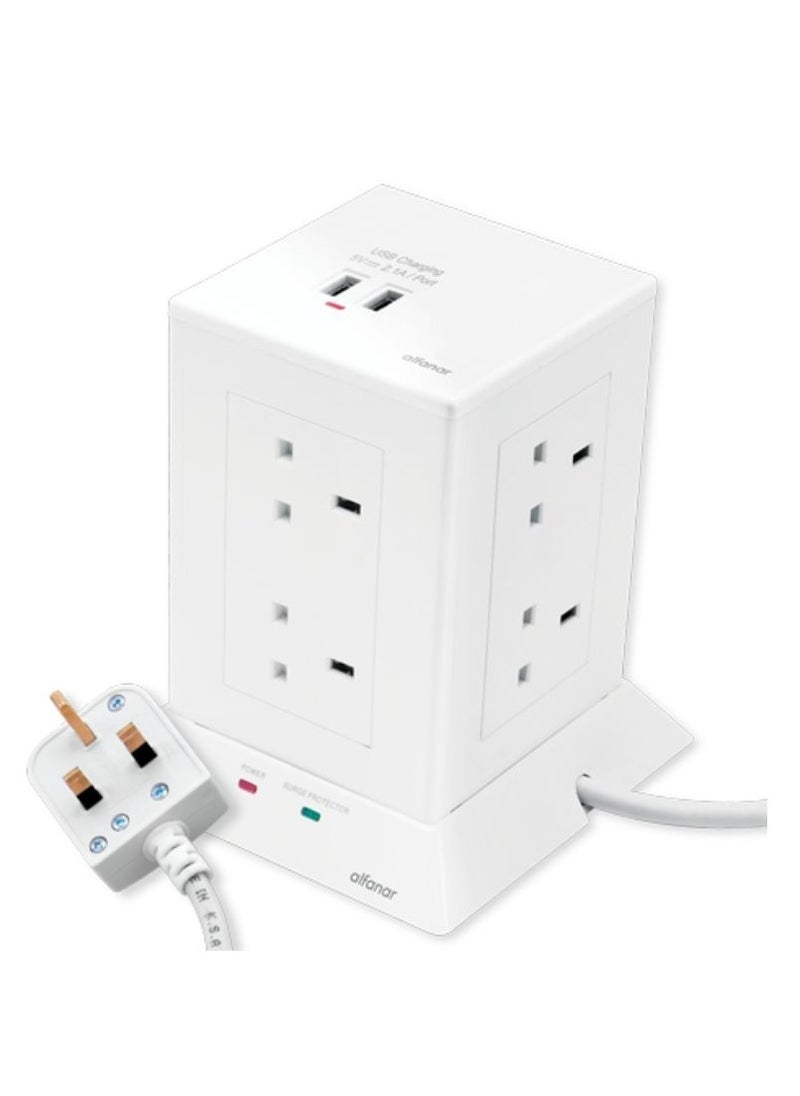 AL FANAR 8 Sockets Cord Extension Tower 13A With 2 USB Ports 3 Meter  - Image 1
