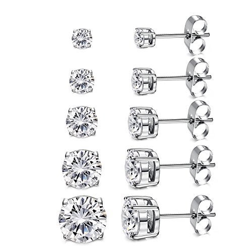 Kainier Women's 14K White Plated CZ Stud Earrings Simulated Diamond Round Cubic Zirconia Ear Stud Set（5 Pairs) - Image 1