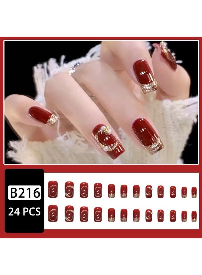 24Pcs Red Press‑on Nails, Medium Square False Nails, Glossy Wine Red Fake Nails with Gold Glitter & 3D Pearl Rhinestone Decor, Reusable Glue‑On Nail Art for Women Girls Party - Image 1