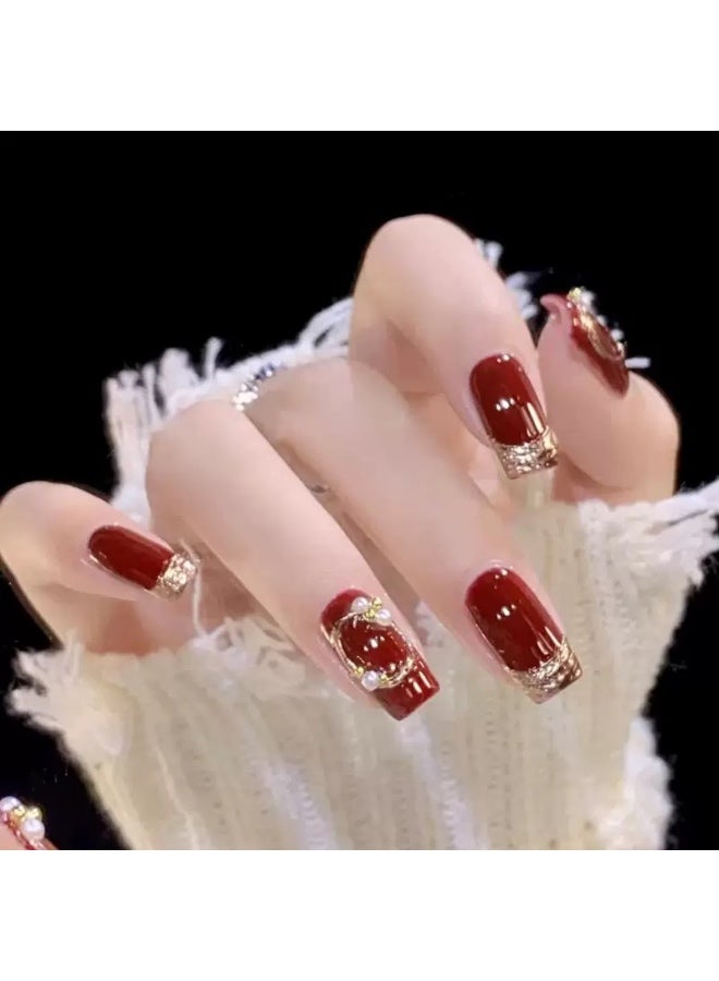 24Pcs Red Press‑on Nails, Medium Square False Nails, Glossy Wine Red Fake Nails with Gold Glitter & 3D Pearl Rhinestone Decor, Reusable Glue‑On Nail Art for Women Girls Party - Image 5