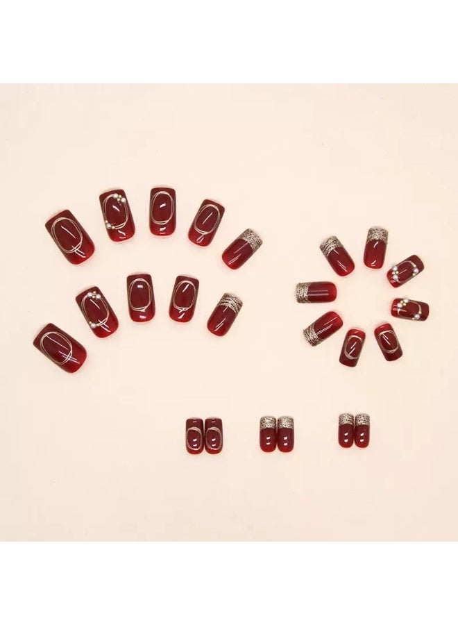 24Pcs Red Press‑on Nails, Medium Square False Nails, Glossy Wine Red Fake Nails with Gold Glitter & 3D Pearl Rhinestone Decor, Reusable Glue‑On Nail Art for Women Girls Party - Image 2