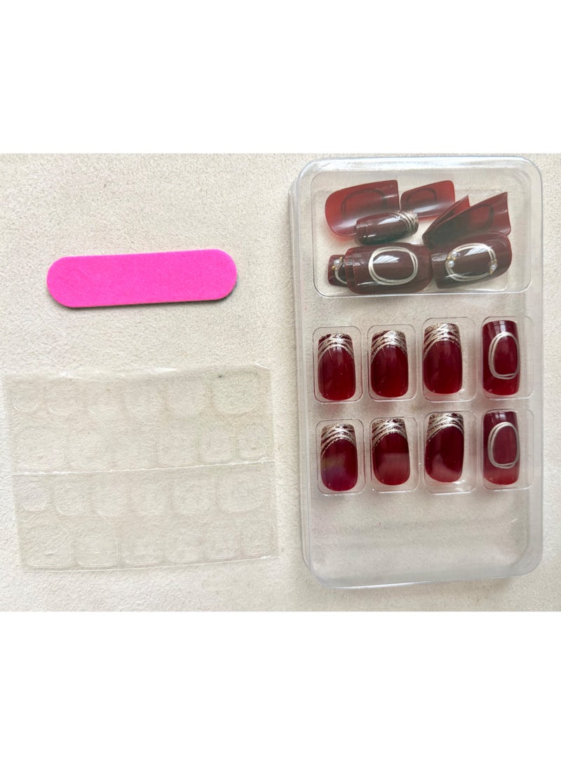 24Pcs Red Press‑on Nails, Medium Square False Nails, Glossy Wine Red Fake Nails with Gold Glitter & 3D Pearl Rhinestone Decor, Reusable Glue‑On Nail Art for Women Girls Party - Image 4
